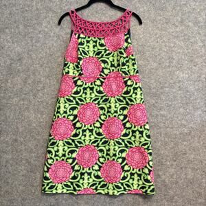 Lilly Pulitzer Dress Womens 6 Pink Green Lattice Neck Floral Sleeveless Silk Cot